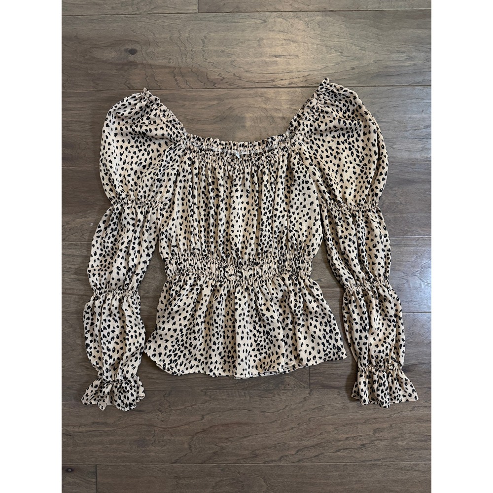Glam Leopard Print Smocked‎ Peplum Blouse Tan Black Puff Sleeve GT3094 Medium